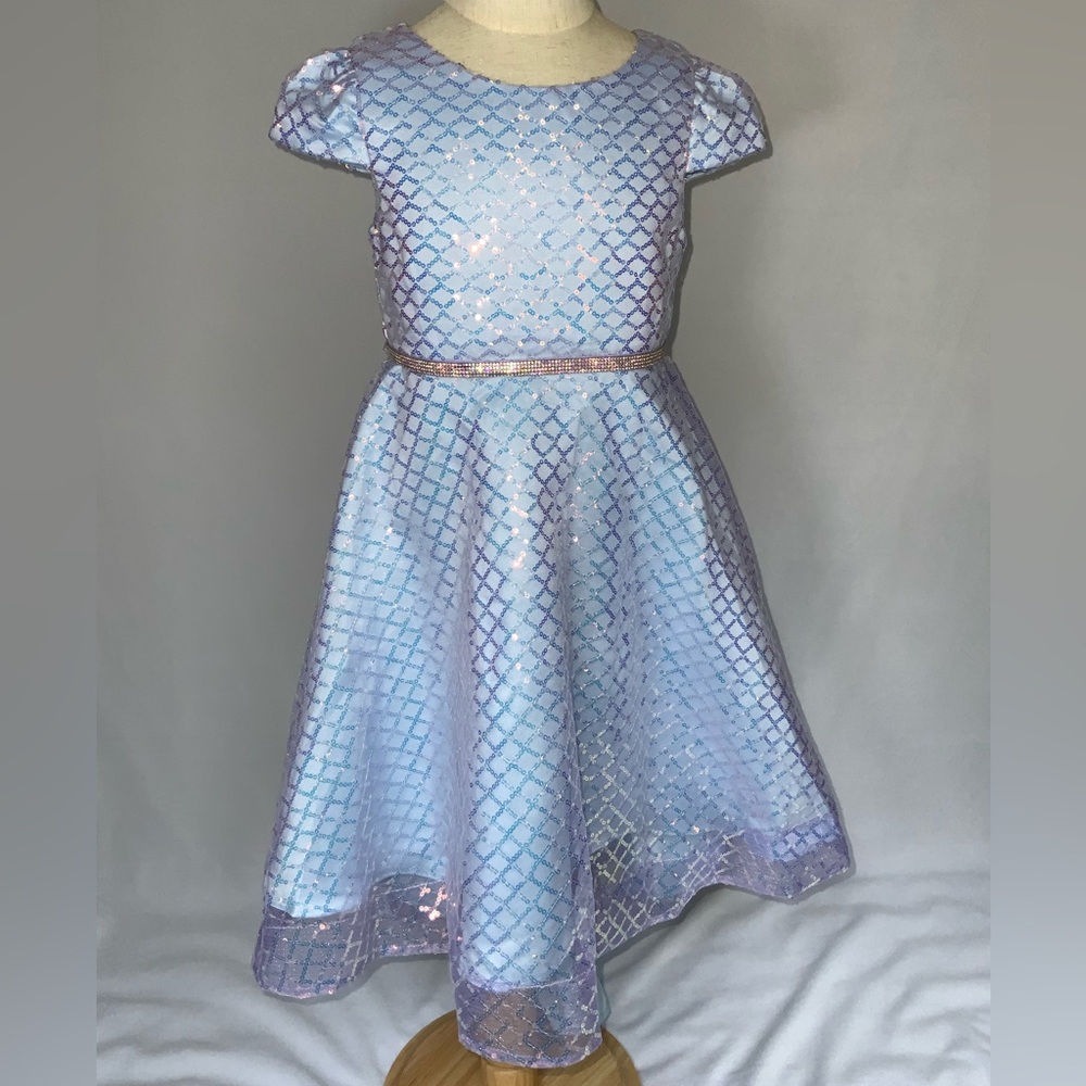 NWOT Rare Editions SZ 4T High low blue/purple holographic sheen sequined dress